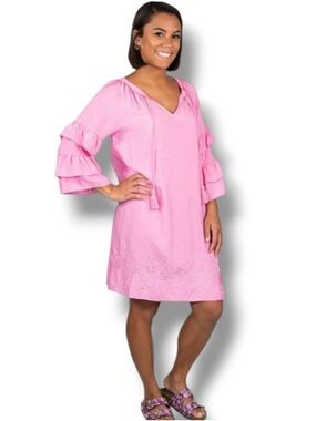 Simply Southern Pink tiered Ruffle Sleeve embroidered pineapple detailing Dress